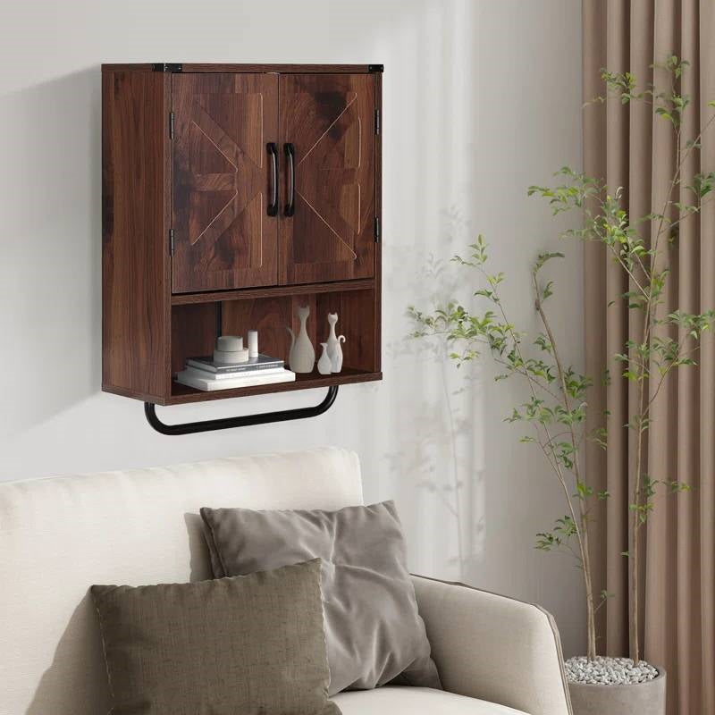 Farmhouse Bathroom Wall Cabinet with Towel Bar in Brown Wood Finish FastFurnishings