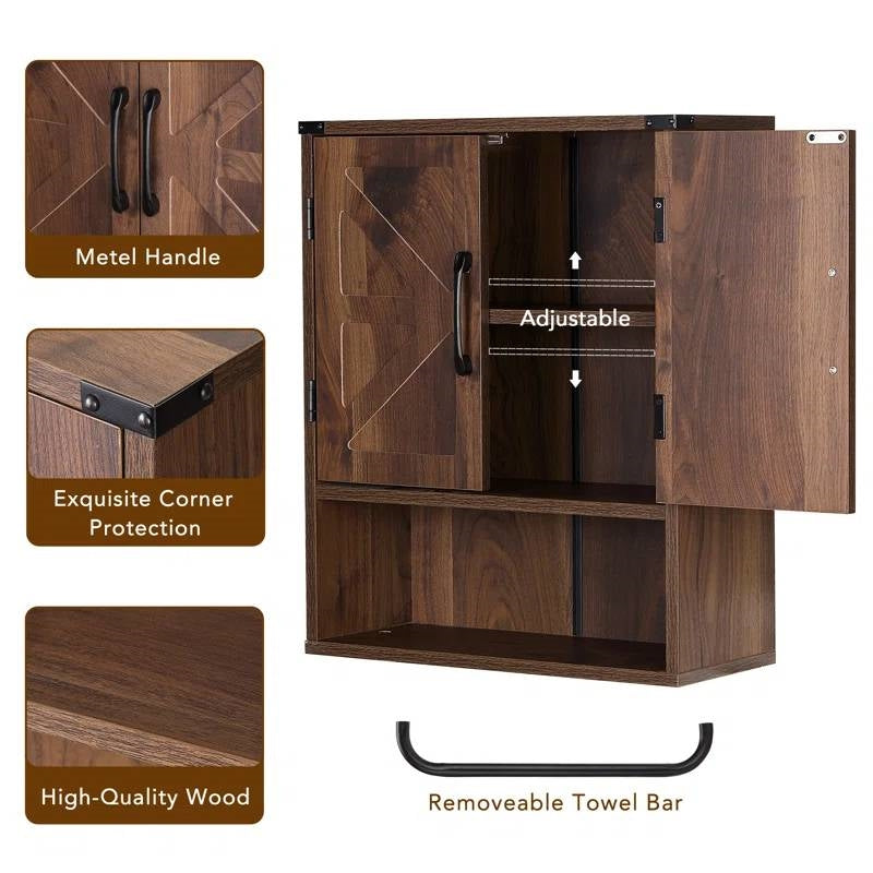 Farmhouse Bathroom Wall Cabinet with Towel Bar in Brown Wood Finish FastFurnishings