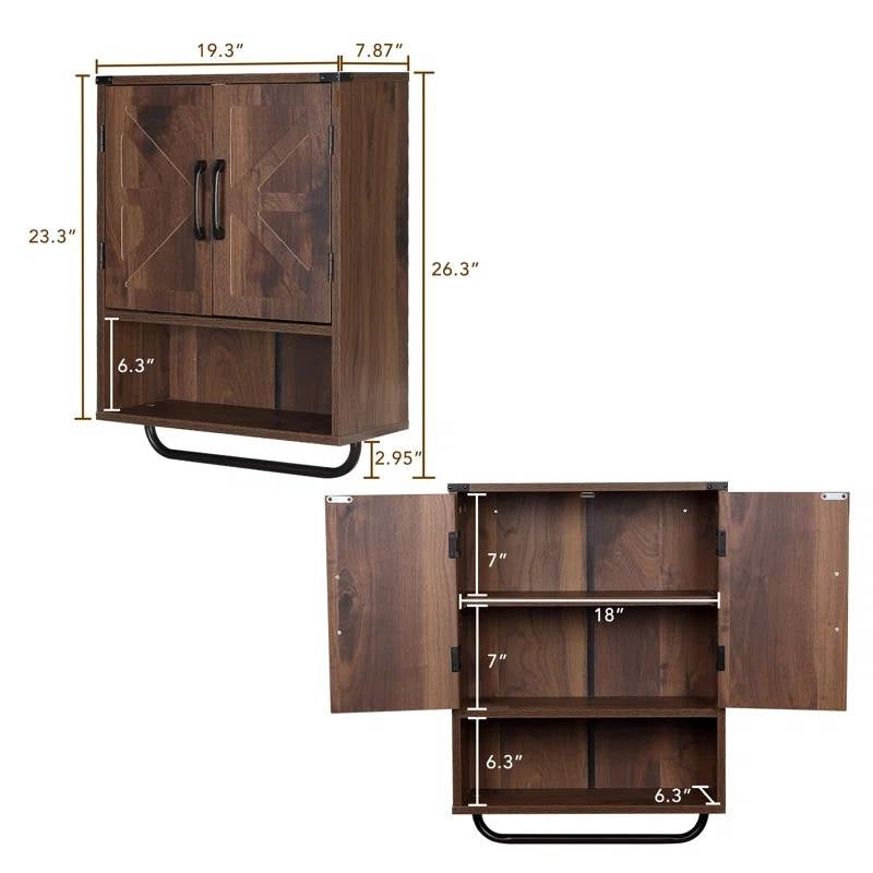 Farmhouse Bathroom Wall Cabinet with Towel Bar in Brown Wood Finish FastFurnishings