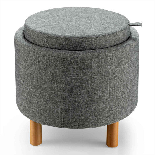 Round Fabric Storage Ottoman with Tray and Non-Slip Pads for Bedroom-Gray W2B