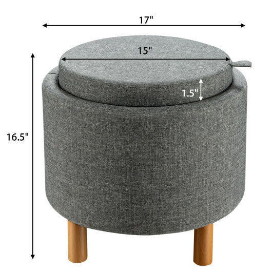 Round Fabric Storage Ottoman with Tray and Non-Slip Pads for Bedroom-Gray W2B