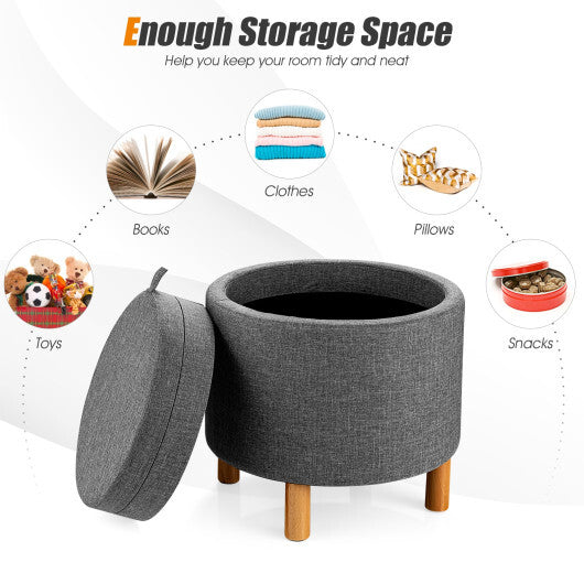 Round Fabric Storage Ottoman with Tray and Non-Slip Pads for Bedroom-Gray W2B
