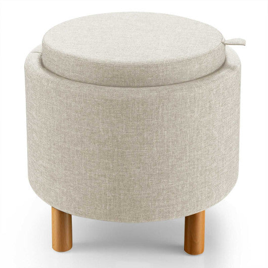 Round Fabric Storage Ottoman with Tray and Non-Slip Pads for Bedroom-Gray W2B