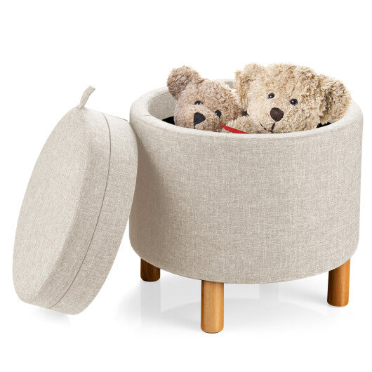 Round Fabric Storage Ottoman with Tray and Non-Slip Pads for Bedroom-Gray W2B