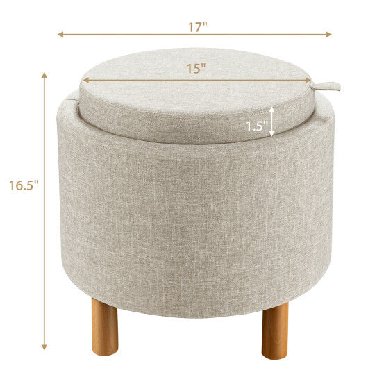 Round Fabric Storage Ottoman with Tray and Non-Slip Pads for Bedroom-Gray W2B