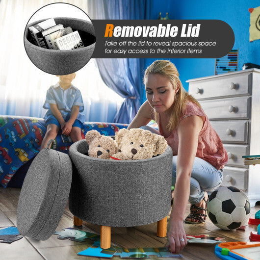 Round Fabric Storage Ottoman with Tray and Non-Slip Pads for Bedroom-Gray W2B