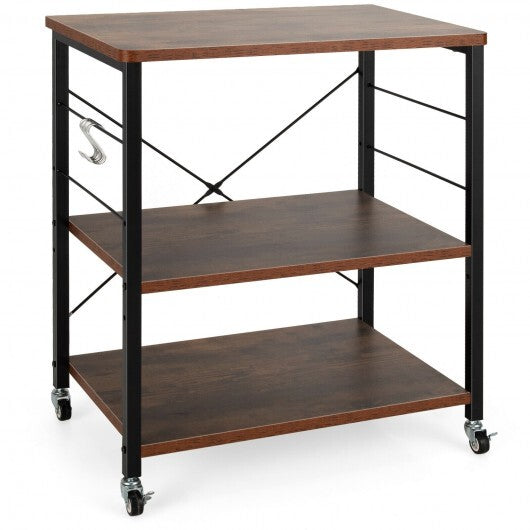 3-Tier Kitchen Baker's Rack Microwave Oven Storage Cart with Hooks-Rustic Brown - Color: Rustic Brown W2B