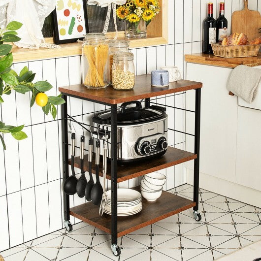 3-Tier Kitchen Baker's Rack Microwave Oven Storage Cart with Hooks-Rustic Brown - Color: Rustic Brown W2B