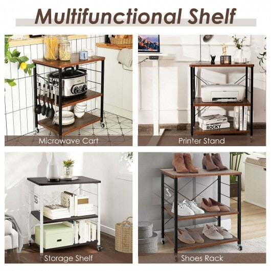 3-Tier Kitchen Baker's Rack Microwave Oven Storage Cart with Hooks-Rustic Brown - Color: Rustic Brown W2B
