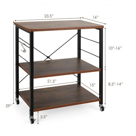 3-Tier Kitchen Baker's Rack Microwave Oven Storage Cart with Hooks-Rustic Brown - Color: Rustic Brown W2B