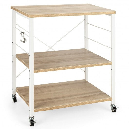 3-Tier Kitchen Baker's Rack Microwave Oven Storage Cart with Hooks-Light Brown - Color: Light Brown W2B