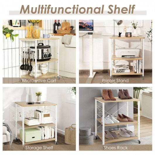 3-Tier Kitchen Baker's Rack Microwave Oven Storage Cart with Hooks-Light Brown - Color: Light Brown W2B