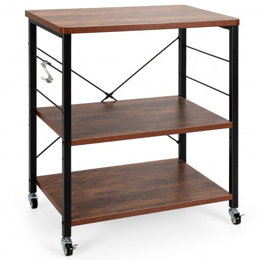 3-Tier Kitchen Baker's Rack Microwave Oven Storage Cart with Hooks-Rustic Brown W2B
