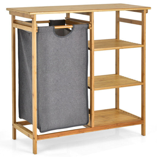 Bamboo Laundry Hamper Stand with Removable Sliding Bag and 3-Tier Open Shelves - Color: Natural W2B