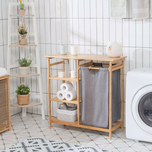 Bamboo Laundry Hamper Stand with Removable Sliding Bag and 3-Tier Open Shelves - Color: Natural W2B