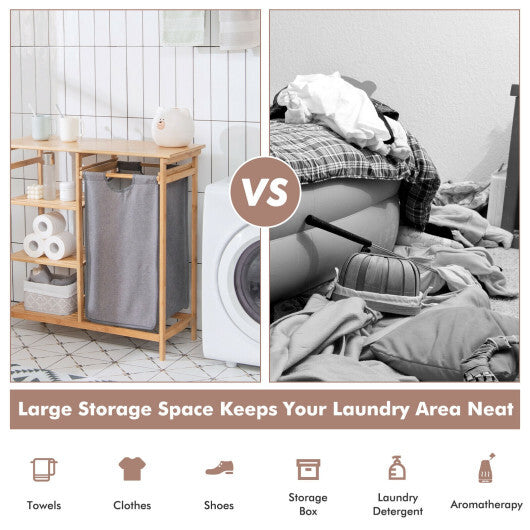 Bamboo Laundry Hamper Stand with Removable Sliding Bag and 3-Tier Open Shelves - Color: Natural W2B