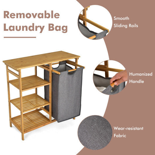 Bamboo Laundry Hamper Stand with Removable Sliding Bag and 3-Tier Open Shelves - Color: Natural W2B