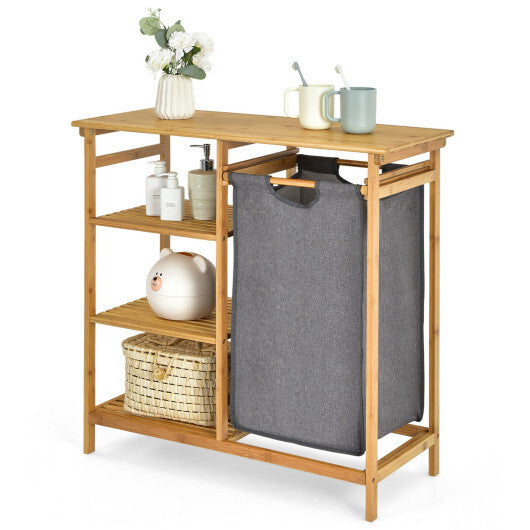 Bamboo Laundry Hamper Stand with Removable Sliding Bag and 3-Tier Open Shelves W2B