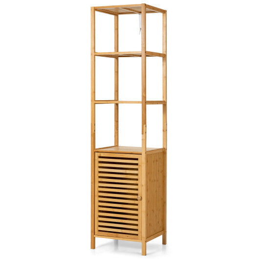 4 Tiers Slim Bamboo Floor Storage Cabinet with Shutter Door and Anti-Toppling Device-Natural W2B