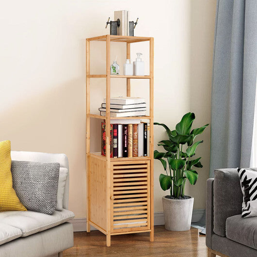 4 Tiers Slim Bamboo Floor Storage Cabinet with Shutter Door and Anti-Toppling Device-Natural W2B
