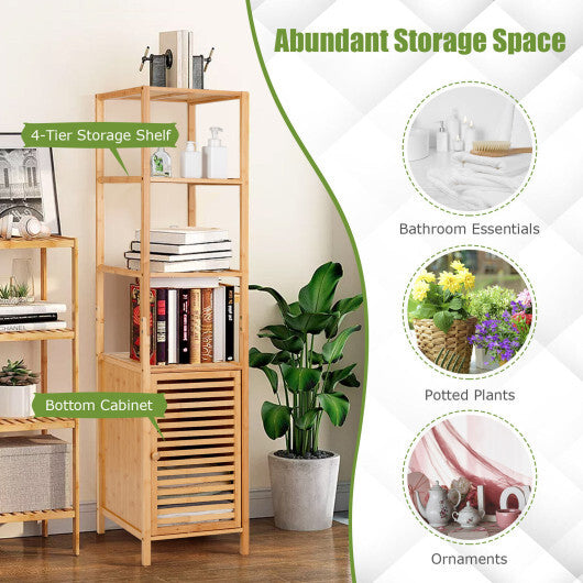 4 Tiers Slim Bamboo Floor Storage Cabinet with Shutter Door and Anti-Toppling Device-Natural W2B