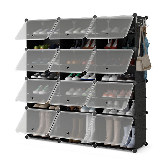 12-Cube 48 Pairs Portable Shoe Shelves with Hook-Black W2B