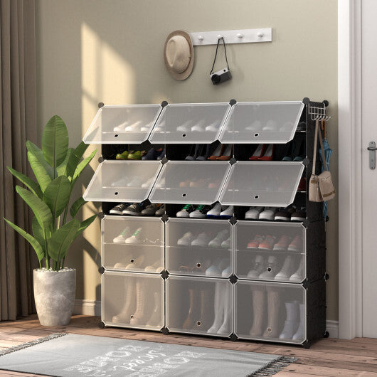 12-Cube 48 Pairs Portable Shoe Shelves with Hook-Black W2B