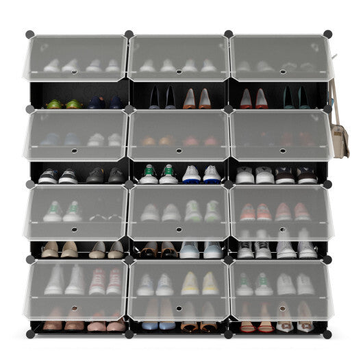 12-Cube 48 Pairs Portable Shoe Shelves with Hook-Black W2B