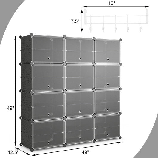 12-Cube 48 Pairs Portable Shoe Shelves with Hook-Black W2B