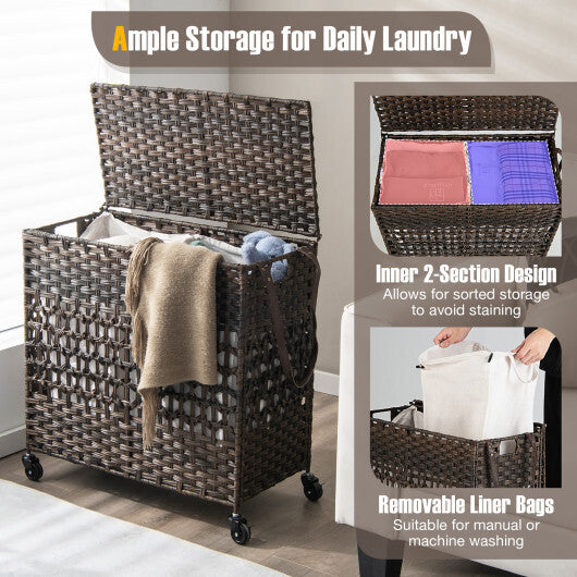 110L 2-Section Laundry Hamper with 2 Removable and Washable Liner Bags-Brown - Color: Brown W2B