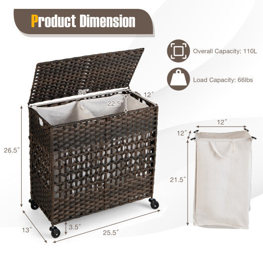 110L 2-Section Laundry Hamper with 2 Removable and Washable Liner Bags-Brown - Color: Brown W2B