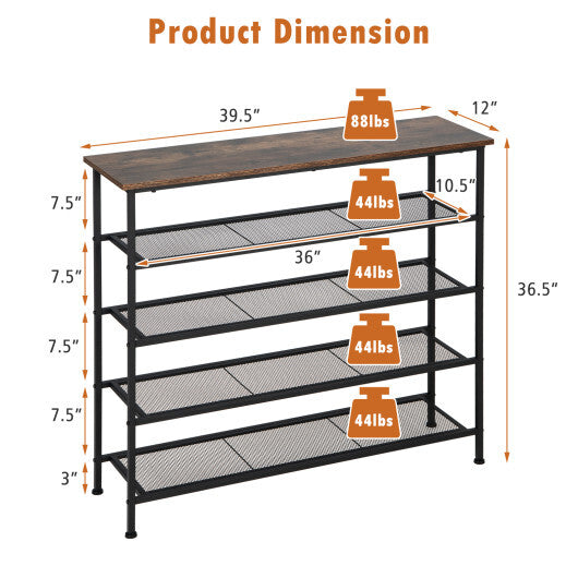 Industrial Adjustable 5-Tier Metal Shoe Rack with 4 Shelves for 16-20 Pairs W2B