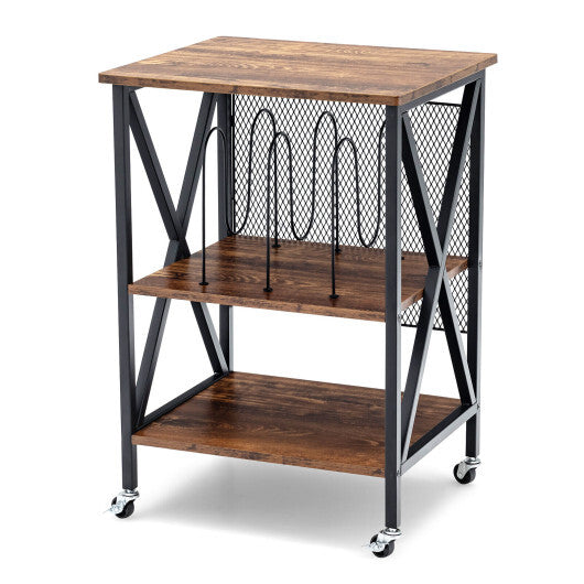 3 Tiers Vintage Style Rolling End Table with 3 Dividers for Albums-Brown W2B
