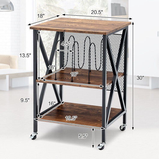 3 Tiers Vintage Style Rolling End Table with 3 Dividers for Albums-Brown W2B
