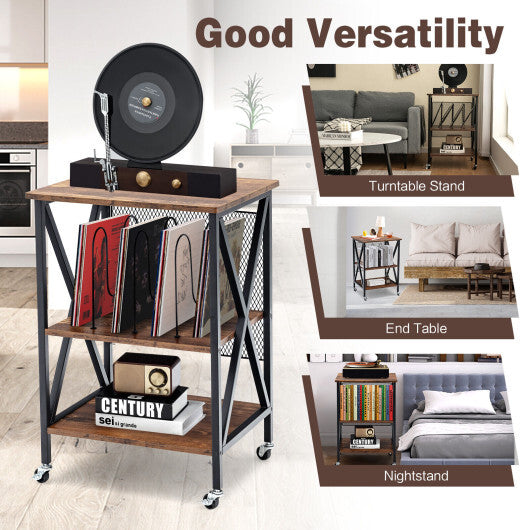 3 Tiers Vintage Style Rolling End Table with 3 Dividers for Albums-Brown W2B