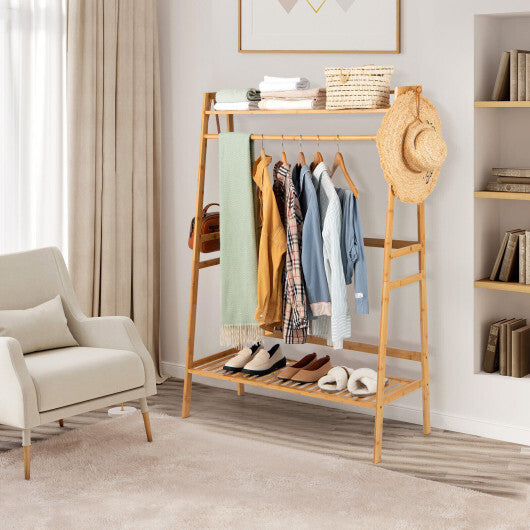 Bamboo Clothing Rack with Storage Shelves-Natural W2B