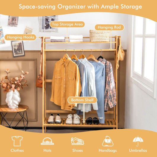 Bamboo Clothing Rack with Storage Shelves-Natural W2B