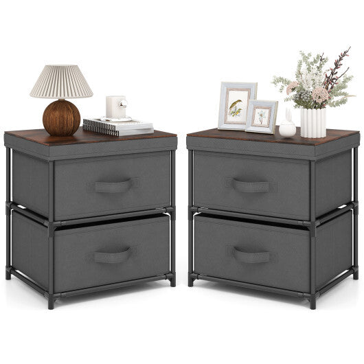 2-Drawer Nightstand with Removable Fabric Bins and Pull Handles Set of 2-Black W2B