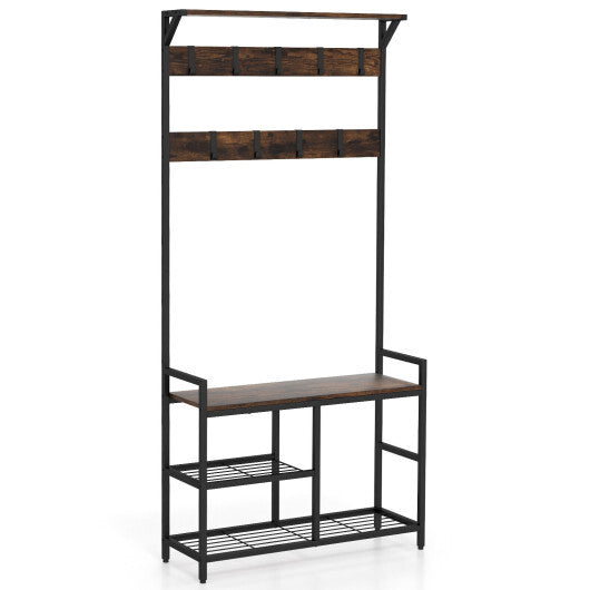 71 Inch Freestanding Hall Tree with Shoe Bench and 9 Removable Hooks-Rustic Brown W2B