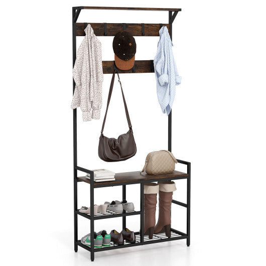 71 Inch Freestanding Hall Tree with Shoe Bench and 9 Removable Hooks-Rustic Brown W2B