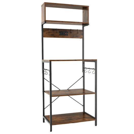 60 Inch Tall Microwave Stand with Open Shelves and 10 Hanging Hooks-Rustic Brown W2B