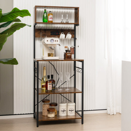 60 Inch Tall Microwave Stand with Open Shelves and 10 Hanging Hooks-Rustic Brown W2B