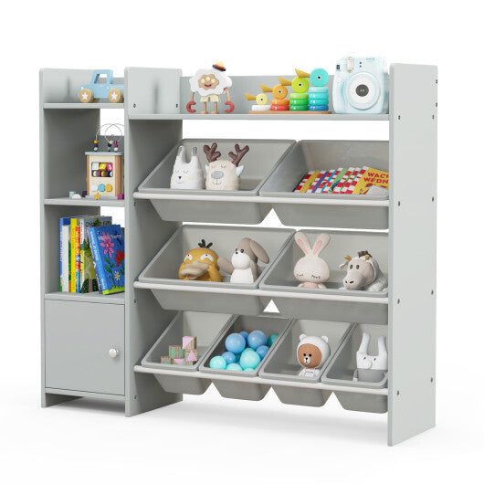 4-Tier Kids Bookshelf and Toy Storage Rack with 8 Toy Organizer Bins-Grey - Color: Gray W2B