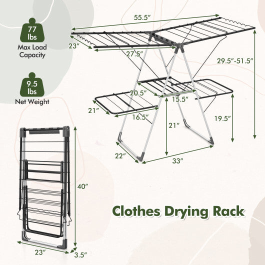 2-Tier Clothes Drying Rack with 33 Drying Rails and Height Adjustable Gullwings W2B