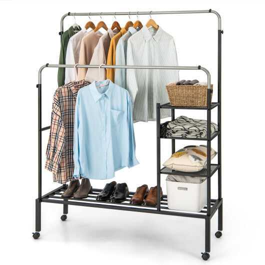 Rolling Double Rods Garment Rack with Height Adjustable Hanging Bars-Golden