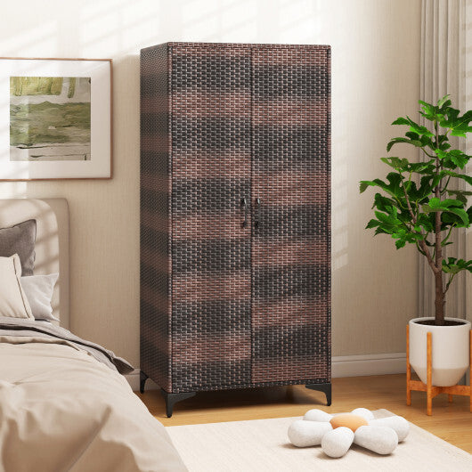 62 Inch Wicker Wardrobe with 2 Doors PE Rattan Closet with Hanging Rod-Black