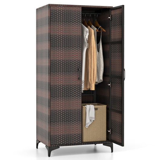 62 Inch Wicker Wardrobe with 2 Doors PE Rattan Closet with Hanging Rod-Black