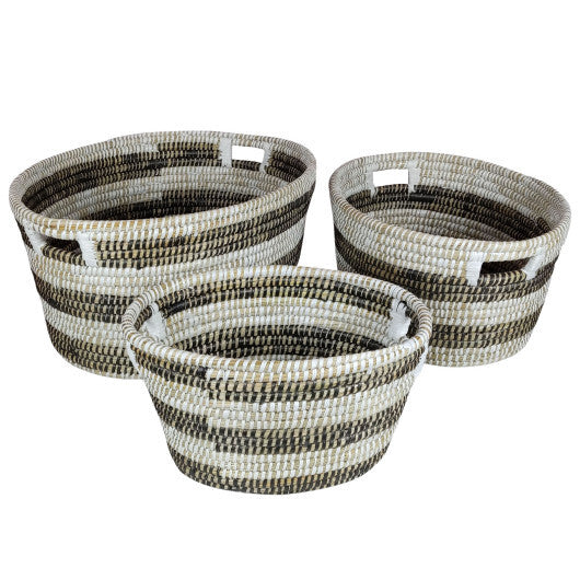 Natural Canes Grass Baskets Stackable Storage Bins Set of 3 with Hollowed Handles W2B