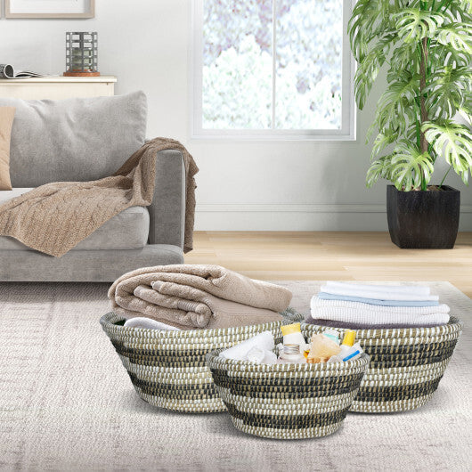 Natural Canes Grass Baskets Stackable Storage Bins Set of 3 with Hollowed Handles W2B