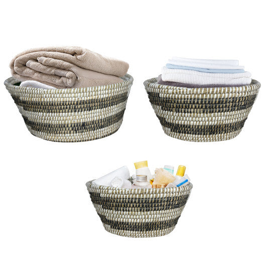 Natural Canes Grass Baskets Stackable Storage Bins Set of 3 with Hollowed Handles W2B